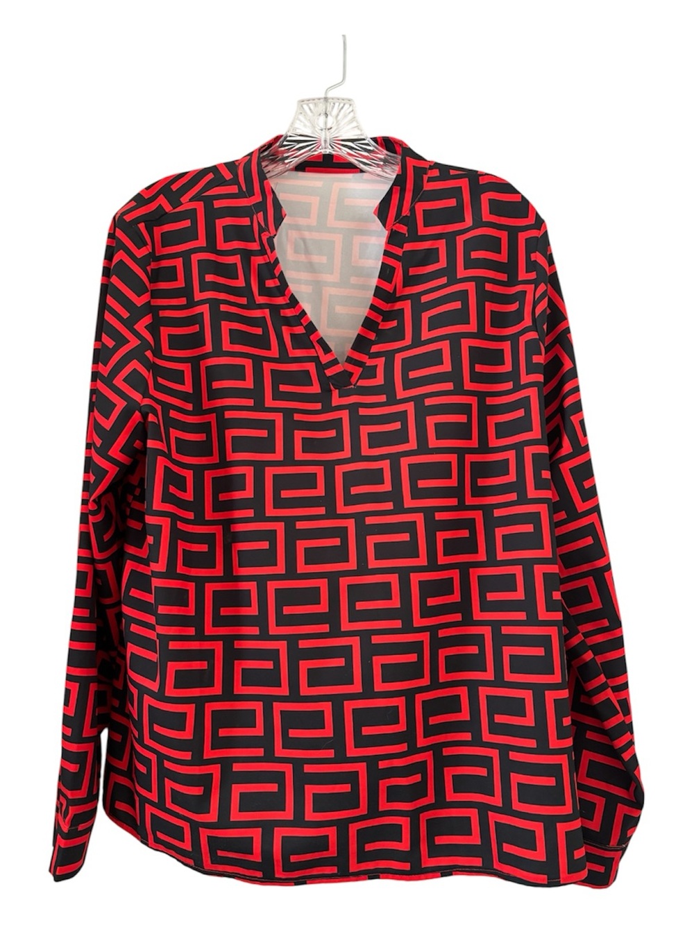 Women's Red and Black Geometric V-Neck Blouse XL
